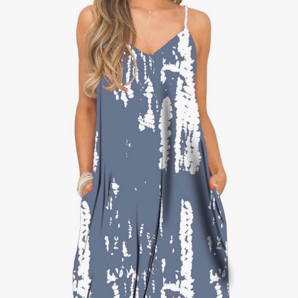 Blue and White Tie-Dye Midi Beach Cover Up Dress Spaghetti Strap
